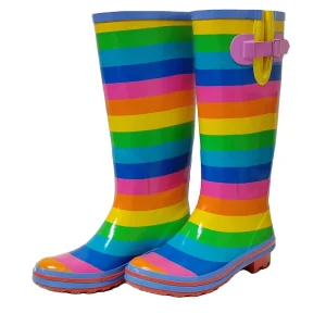 Women’s Lightweight Rubber Rain Boots with Stripe Print Waterproof Wellington Boots Anti Slip Evergreen Design