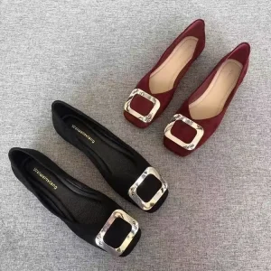 Women’s Lightweight Single Summer Square Flats Design Shallow Mouth Buckle Casual Lady Shoes