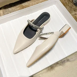 Women’s Lightweight Slip On Low Heeled Pointed Toe Flat Mules Silver Closed Toe Strappy Rhinestone Embellished