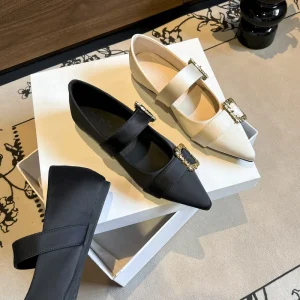 Women’s Lightweight Soft Ballet Flats Pointed Toes Breathable Slip-On Summer Flat Shoes Solid Pattern Trendy Design Buckle