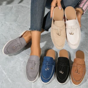 Women’s Lightweight Summer Fashion Casual Mules Flat Outdoor Soft Artificial Suede Sandals with Round Toe for Spring Walking