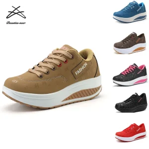 Women’s Lightweight Walking Shoes Casual Work PU Leather Thick Sole Lace up Sneakers