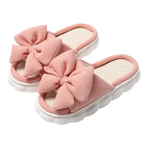 Women’s Linen Bowknot Decor Slippers Open Toe Slip Women’s Indoor Home EVA Chinelos Pantoffe Pantoufles Pantuflas
