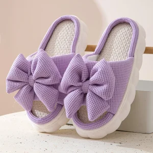 Women’s Linen Bowknot Decor Slippers Open Toe Slip Women’s Indoor Home EVA Home Slipper