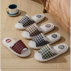 Women’s Linen Indoor Home Slippers Non-Slip and Breathable One-Word Style Printed for Couples and Boys