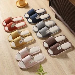 Women’s Linen Indoor Slippers for Spring Summer Open Toe Fur Breathable Cushioning Anti Slippery Four Leaf Clover