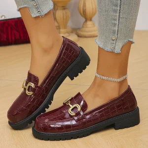Women’s Loafers Burgundy Patent Leather Platform Shoes Round Toe Metal Buckle Casual Fashionable Dress Shoes for Women Ladies