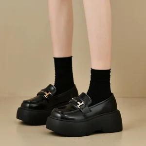 Women’s Loafers Chunky Heel Metal Buckle British Style Slip On Flat Shoes Autumn New Black Casual Single Shoe