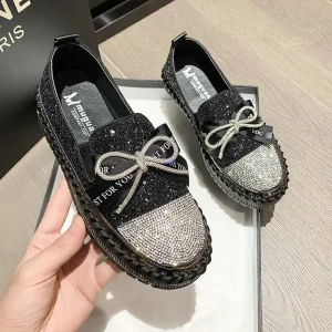 Women’s Loafers Spring New Style Slip On Thick Soled Casual Korean Version Rhinestone Bow Student Shoes Plus Size