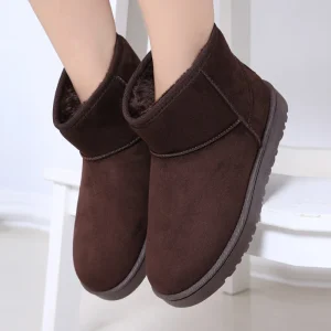 Women’s Low Cut Brown Daily Snow Boots Thick Velvet Suede Ankle Low Toe Stock Flat Heel Soft Leather Rubber Children