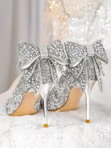 Women’s Luxury Bridal High Heel Pumps Shoes Sequined Bowknot Hollow Out Closed Toe Thin Heels for All Seasons