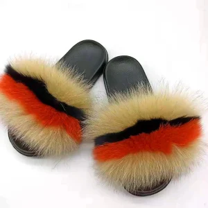 Women’s Luxury Fluffy Fox Fur Slides Real Fur Flat Casual Sandals Spring Summer Autumn Outdoor Use Anti Slippery Breathable