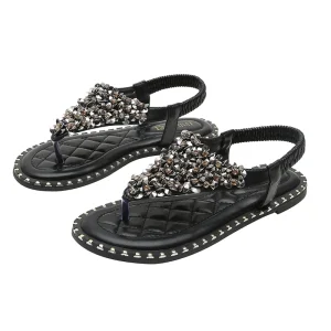 Women’s Luxury Shock Resistant Hard Wearing Flat Flip Flops with Shining Diamonds Flexible Casual Open Toe Spring Outdoor Sandal