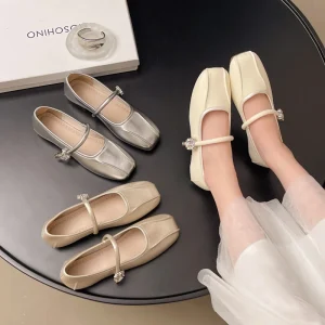 Women’s Mary Jane Ankle-Strap Stylish Flats Low-Cut Soft-Sole Comfortable Beaded Shoes Outdoor Casual Flat Shoes