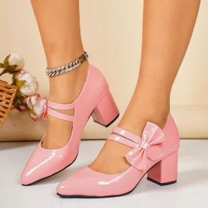 Women’s Mary Jane Block Heel Sandals Pointed Toe Bow Decorated Chunky Shoes For Women