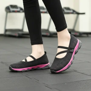 Women’s Mary Jane Flat Shoes Casual Shoes Low-Top Anti-Skid Air Hole Elastic Fabric Air Net Walking Running