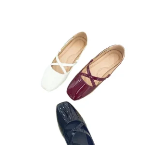 Women’s Mary Jane Flat X Strap Shoe Solid Color Slip On Closure Fashion Trend PU Upper PVC Sole Dress Shoes for All Seasons