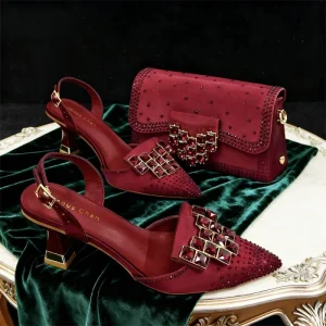 Women’s Mary Jane Shoes Bag Set with Striped Pattern Lady Rhinestone Buckle Wedding Party Shoes Bag Set