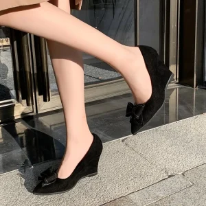 Women’s Medium Heel Wedge Heel Pointed Toe Slip-On Bowknot Pumps Comfortable Light Dress Shoes