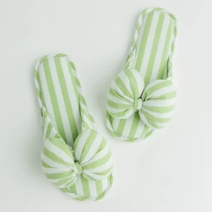 Women’s Memory Foam Open Toe Slide Slippers with Bow Spa Mules Sandals Indoor Cabana Stripe Bow Slippers