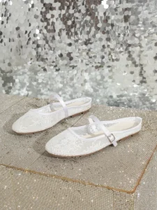 Women’s Mesh Lace Mary Jane Mules Adjustable Buckle White Ivory Pink Casual & Party Wear