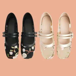 Women’s Mesh Mary Jane Flats Square Toe Double Buckle Strap Flats Breathable Chinese Style Dress Shoes