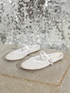 Women’s Mesh Mary Jane Flats White Beige Breathable Sheer Ballet Slippers Casual Flat Mules Adjustable Strap Fashion Trend
