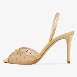 Women’s Mesh Rhinestone Slingback Heels Criss Cross Sheer Strap Sandals Round Toe Gold Crystal OEM