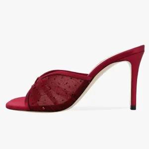 Women’s Mesh Rhinestone Thong Mule Heels Crystal Knot Twist Strap Sandals Round Toe Stiletto OEM Custom
