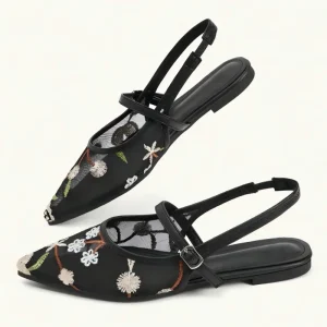 Women’s Mesh Satin Floral Embroidery Mary Jane Flats Pointed Toe Comfortable Casual Shoes Rubber Outsole New Chinese Style
