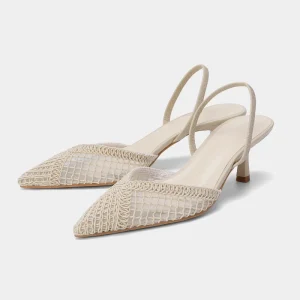 Women’s Mesh Upper Rubber Outsole Light Beige Woven Open Toe Pointed High Heels Hollow Out Mules Sandals