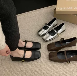 Women’s Metal Heel Shoes Minimalist Square Toe Buckle Breathable and Enclose Shoes Shallow Mouth Single Shoes