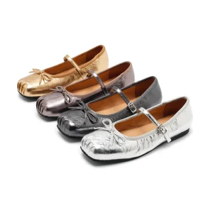 Women’s Metallic Bow Mary Jane Ballet Flats Buckle Strap Casual Slip On Shoes Genuine Leather