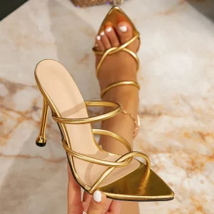 Women’s Metallic Heeled Sandals Gold Pointed Toe Strappy Stiletto Party Dress