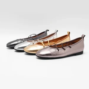 Women’s Metallic Lace Up Ballet Flats Round Toe Casual Slip On Shoes Genuine Leather