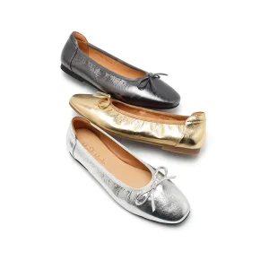 Women’s Metallic Leather Bow Ballet Flats Slip On Casual Ballerina Shoes Genuine Leather