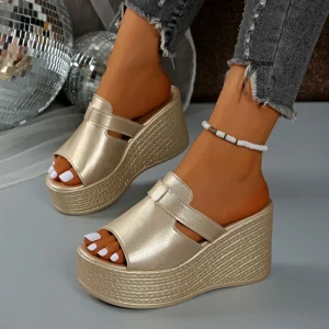 Women’s Metallic PU High Heel Wedge Slide Sandals Thick Platform Open Toe Slip On Summer Large Size EVA Midsole