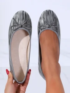 Women’s Metallic PU Leather Ballet Flats Bow Knot Round Toe Slip-On Casual Flat Shoes for Daily Wear