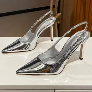 Women’s Metallic Pointed Toe Stiletto Heels Chain Decor Slingback Pumps Fashion Party Dress Shoes