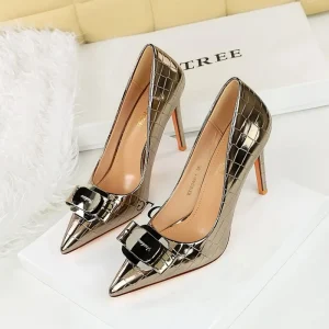 Women’s Metallic Quilted Pumps For Party Wear Stiletto Heel Bow Accent Multi-color Elegant Customizable Dress Shoes