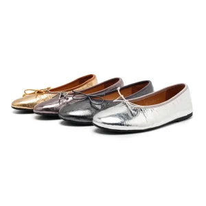 Women’s Metallic Ruched Leather Ballet Flats Lightweight Closed Toe Breathable Comfortable Shoes