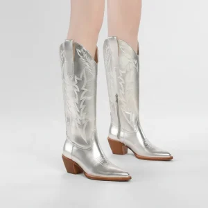 Women’s Metallic Silver Cowboy Boots Pointed Toe Western PU Leather Embroidered Knee High Booties with Chunky Heel Winter Summer
