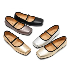 Women’s Metallic Square Toe Mary Jane Flats Elastic Strap Casual Ballet Shoes Genuine Leather