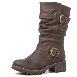 Women’s Mid Calf Black Boots Dress Boot with Chunky Low Heel Style Zipper Motorcycle Booties