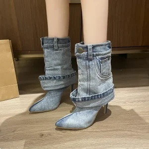 Women’s Mid Calf Boot Pointed Toe Stylish Female Shoes Cowgirl Denim Boots Rolled Hem Denim Boots