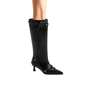 Women’s Mid Heel Knee High PU Boots Black Pointed Toe Design Buckle Rivet Detail Winter Western Height Increasing OEM ODM