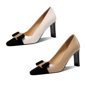 Women’s Mid Heel Pumps Square Toe Dress Shoes with Bow Ornament and Color Block Design for Summer Office Wear