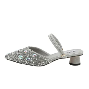 Women’s Mid Heel Wedge Sandals Shining Diamonds Pointed Toe PU Insole High Top Style for Spring for Summer Winter