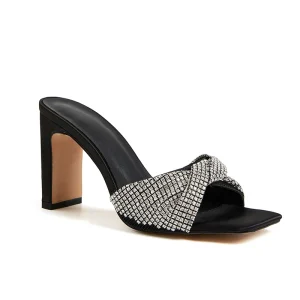 Women’s Middle Heel Shoes Square Toe Women Slippers Slip-On High Heel Mules Woman