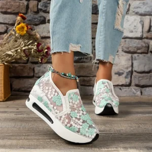 Women’s Mint Green Lace Floral Slip On Sneakers Air Cushion Sole Breathable Mesh Stylish Casual Comfort Shoes for Women